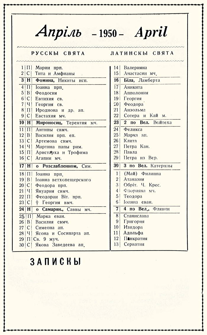 Orthodox Church Calendar, April 1950