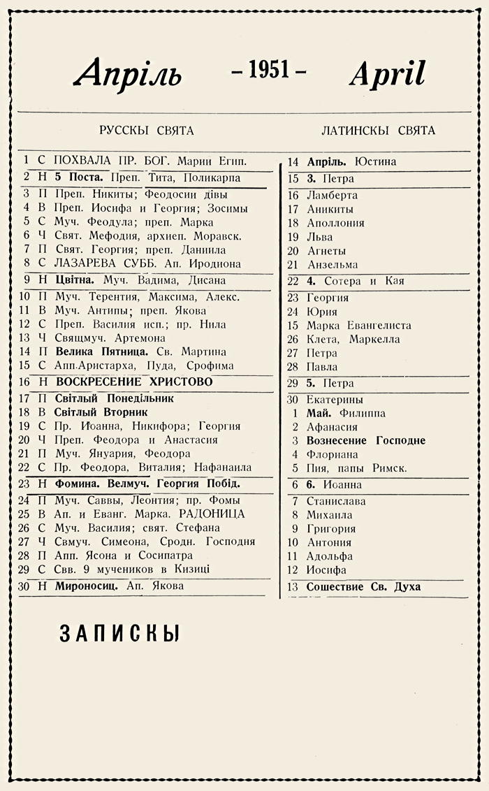 Orthodox Church Calendar, April 1951