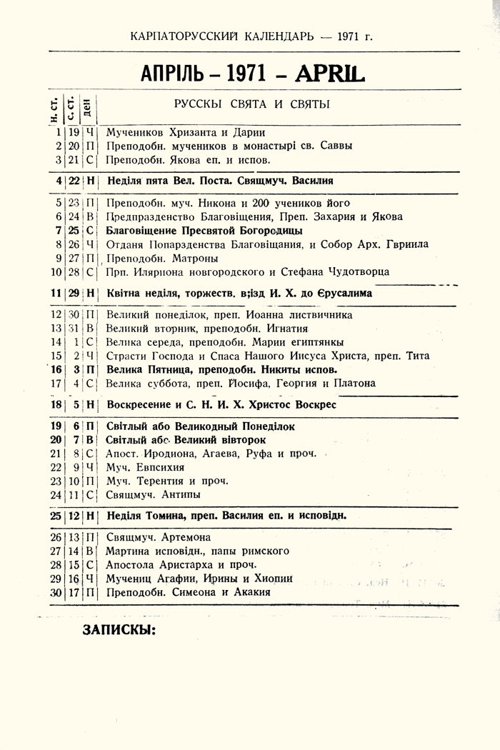 Orthodox Church Calendar, April 1971