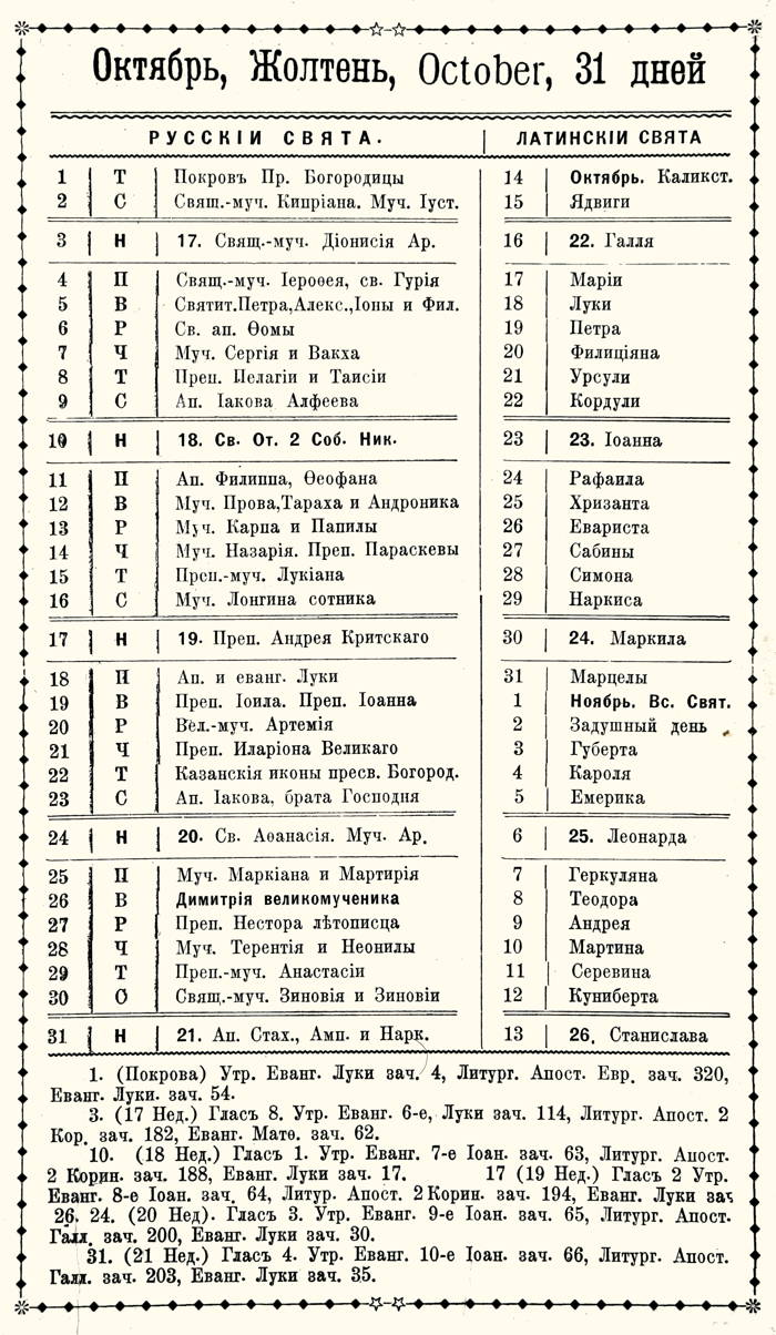 Orthodox Church Calendar, October 1921