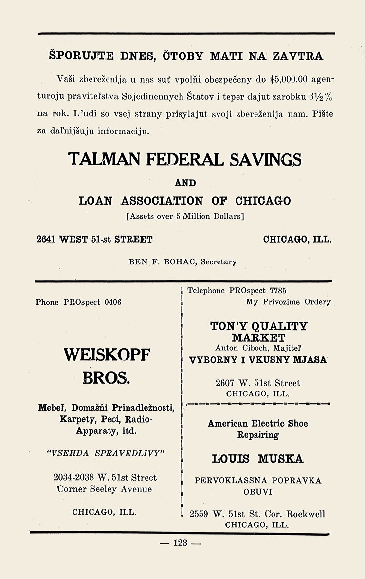 Illinois, Chicago, Talman Federal Savings and Loan, Ben F. Bohac, Weiskopf Bros., Tony Quality Market, Anton Ciboch, Louis Muska
