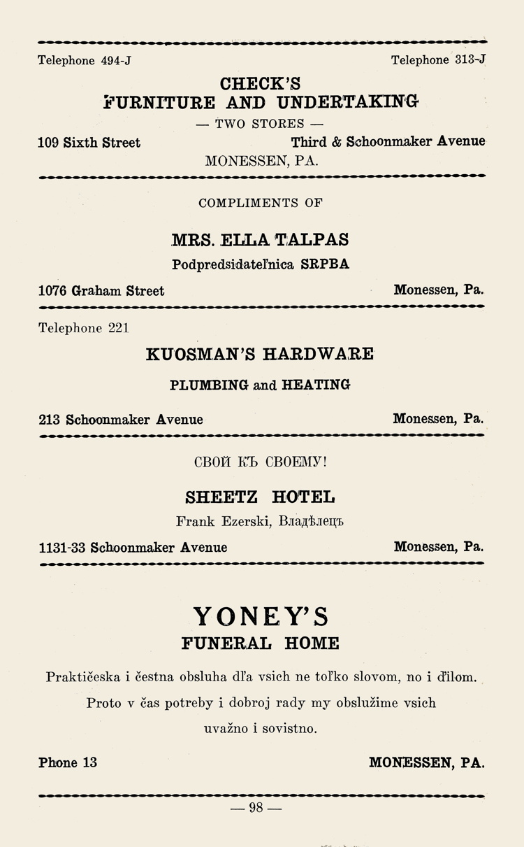 Pennsylvania, Monessen, Check's Furniture and Undertaking, Mrs. Ella Talpas, Kuosman's Hardware, Sheetz Hotel, Frank Ezerski, Yoney's Funeral Home