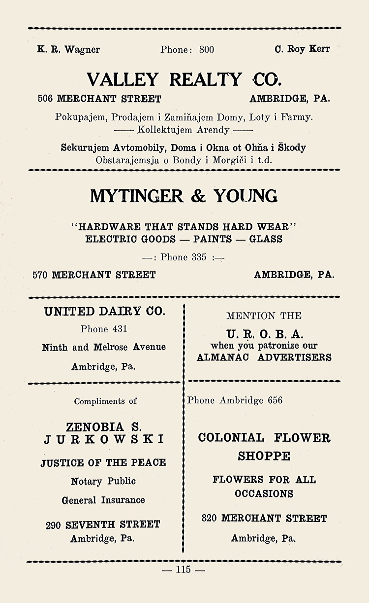 Pennsylvania, Ambridge, Valley Realty Co., K. R. Wagner, C. Roy Kerr, Mytinger & Young, United Dairy, Zenobia S. Jurkowski,  Colonial Flower Shoppe